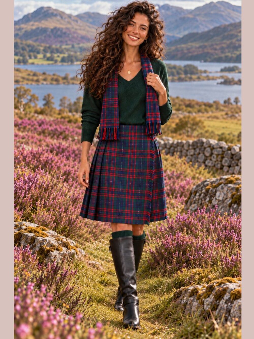 James Pringle Red Green and Blue Plaid Tartan Wool Skirt & Scarf - L - NWT